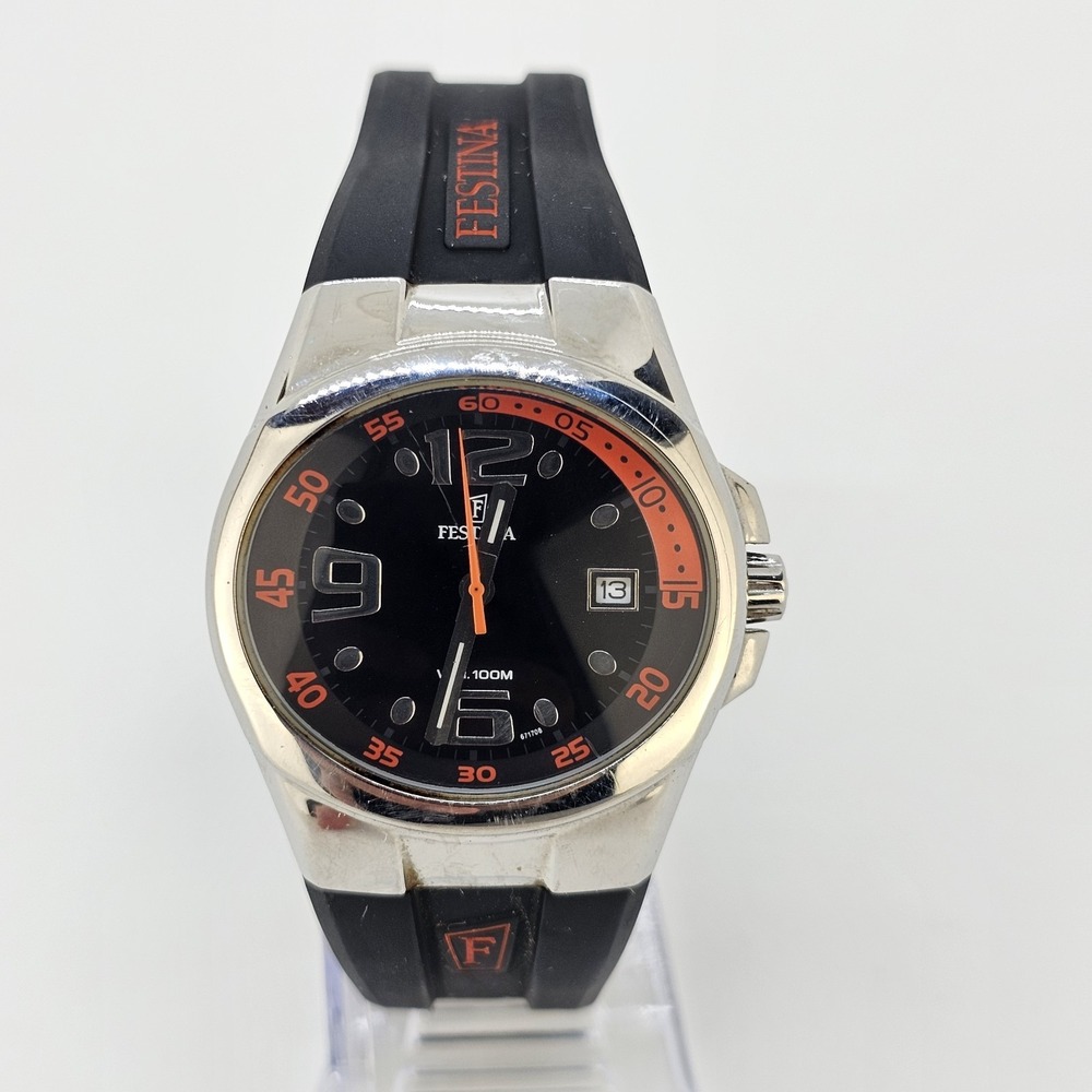 Festina Depose Men's Watch 38MM Black Dial Date Black Plastic Bands New Battery